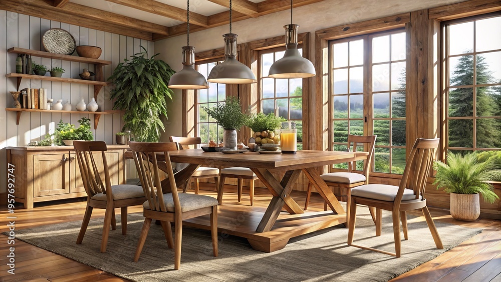 Fototapeta premium A sturdy rustic wooden farmhouse dining table is the centerpiece of a cozy family gathering spot, complete with