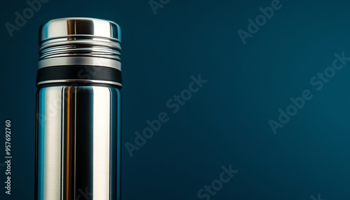 Close-up of a stainless steel water bottle against a teal background photo