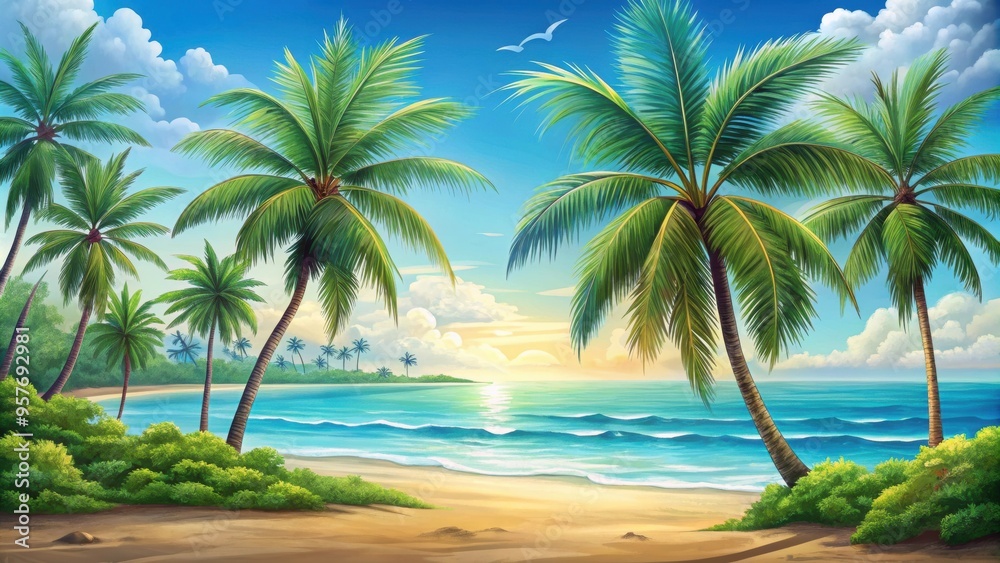 Tropical landscape with palm trees and ocean, hand-drawn , tropical, landscape, palm trees, sea, island