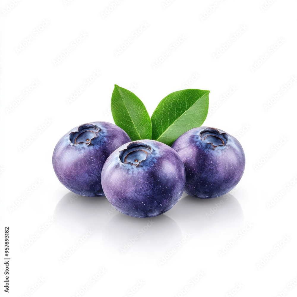 Obraz premium Close-up of three ripe blueberries with vibrant green leaves, isolated on a white background, showcasing their fresh and natural appeal.