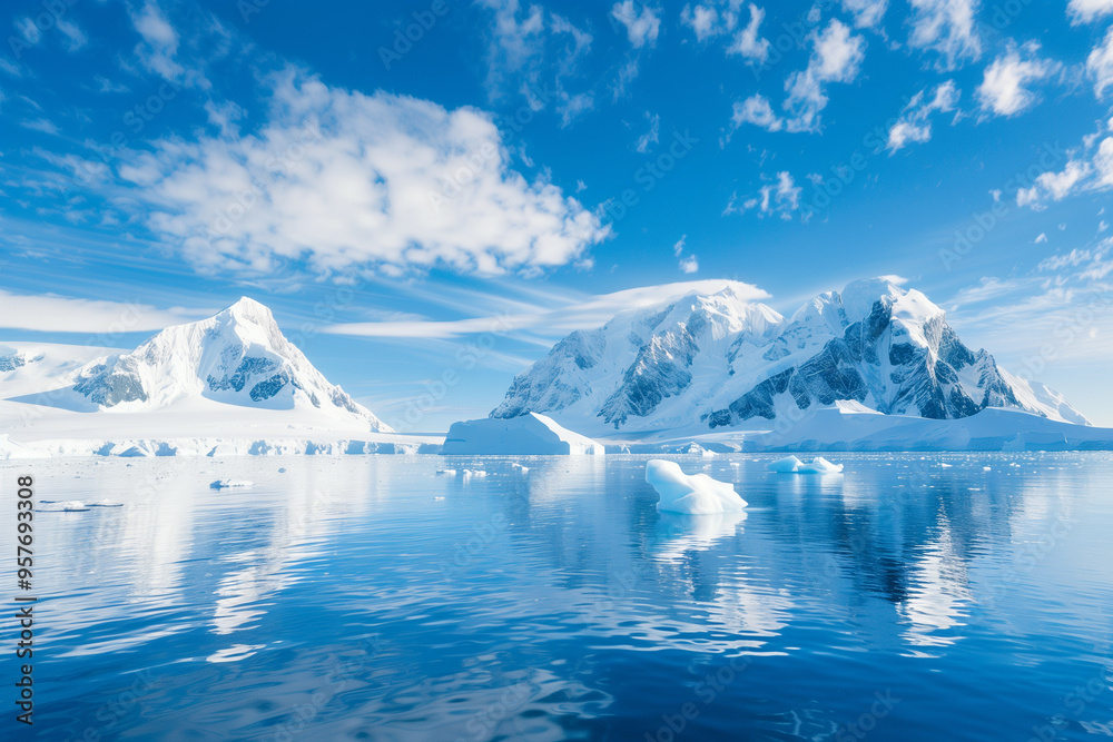 A Serene Landscape Depicting the Vast Icy Expanse of Antarctica with Snow-Capped Mountains and Floating Icebergs Under a Clear Blue Sky A Serene Landscape Depicting the Vast Icy Expanse of Antarctica with Snow-Capped Mountains and Floating Icebergs Under a Clear Blue Sky
