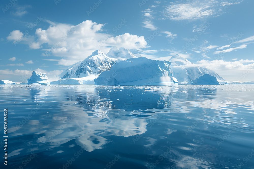 Serene Antarctic Landscape with Snow-Capped Mountains and Icebergs Reflected in Calm Waters under a Clear Blue Sky Serene Antarctic Landscape with Snow-Capped Mountains and Icebergs Reflected in Calm Waters under a Clear Blue Sky