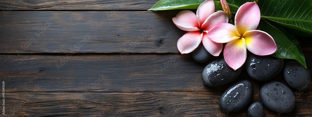 A serene arrangement of plumeria flowers and smooth river stones on weathered wooden table A serene arrangement of plumeria flowers and smooth river stones on weathered wooden table