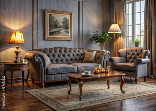 A vintage grey couch, armchair, and side table settle into a plush carpeted living room, surrounded by antique