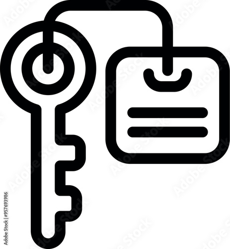 Hotel keycard with key hanging from keyring, simple design, thick lines
