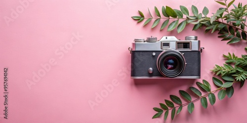 Vintage camera on pink background with ornamental tree leaves, vintage, camera, pink, background, ornamental, tree photo