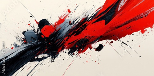 Abstract Expressionist Painting with Red, Black, and Gray Paint Splashes photo