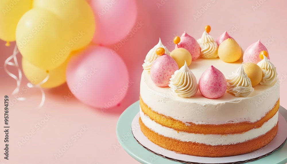 Birthday Cake with Pink and Yellow Decorations Birthday Cake with Pink and Yellow Decorations