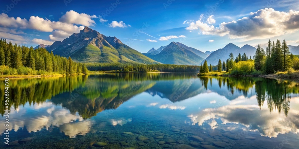 Fototapeta premium Tranquil mountain lake reflecting peaceful surroundings, mountain, lake, reflection, serene, calm, peaceful, scenery, nature