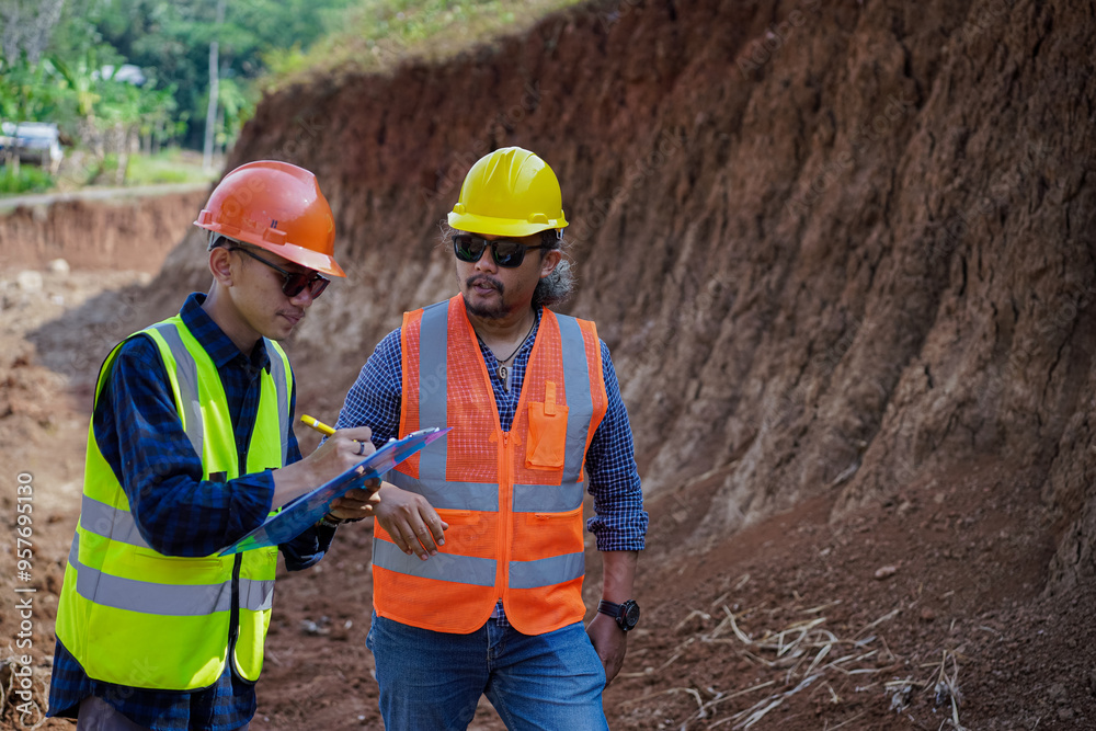 two construction workers check and collect data at the construction site, check the construction land terrain, concept of construction and industrial work. two construction workers check and collect data at the construction site, check the construction land terrain, concept of construction and industrial work.