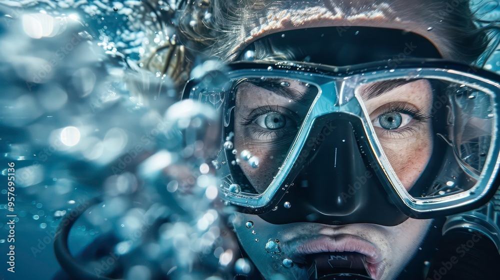 Closeup of a woman's eye and scuba mask underwater with water bubbles around her. Closeup of a woman's eye and scuba mask underwater with water bubbles around her.