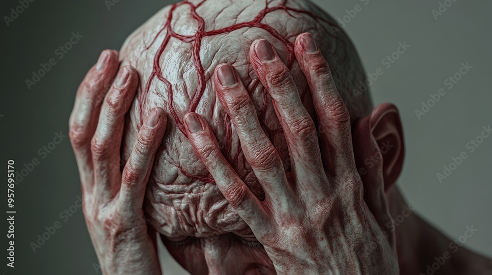 Fototapeta premium Close-up of a person holding their head with prominent red veins, conveying intense emotion or pain.