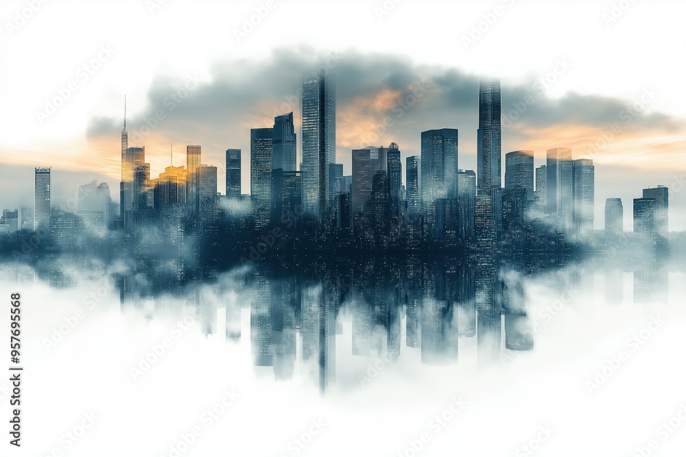 Fototapeta premium Modern city skyline emerging from fog at sunset reflecting on water