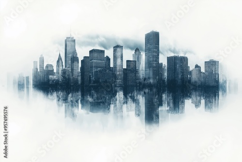 Modern city skyline reflected in water with clouds above