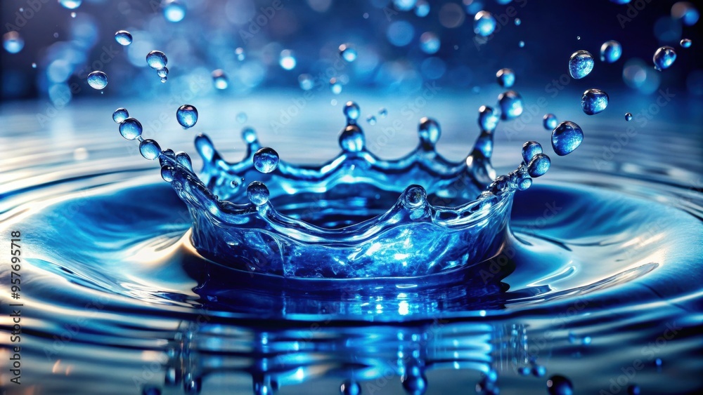 High-speed close-up of blue water splashing with droplets in motion, crystal clear reflection, water, splash High-speed close-up of blue water splashing with droplets in motion, crystal clear reflection, water, splash