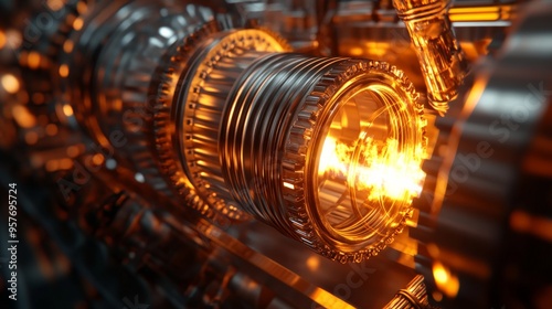 Close-up of intricate machinery with glowing elements  showcasing the detailed engineering and advanced technology.