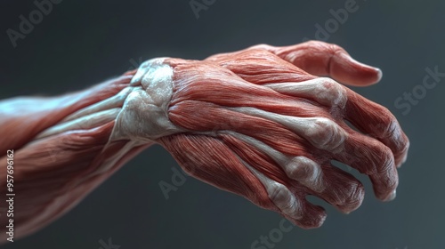 Detailed illustration of hand muscles showcasing intricate anatomy. Ideal for educational and medical use, emphasizing human biology and physiology.