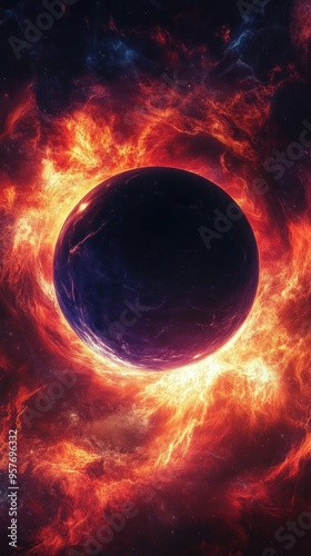 A Black Planet Surrounded by a Ring of Fire in a Cosmic Nebula photo