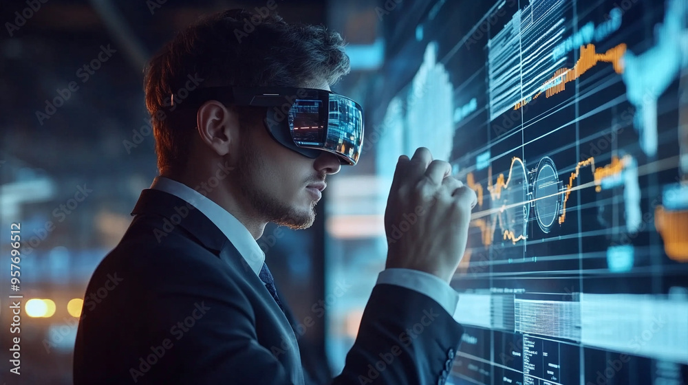 Data analysis, virtual reality glasses Holographic financial graphs while wearing VR glasses. Data analysis, virtual reality glasses Holographic financial graphs while wearing VR glasses.