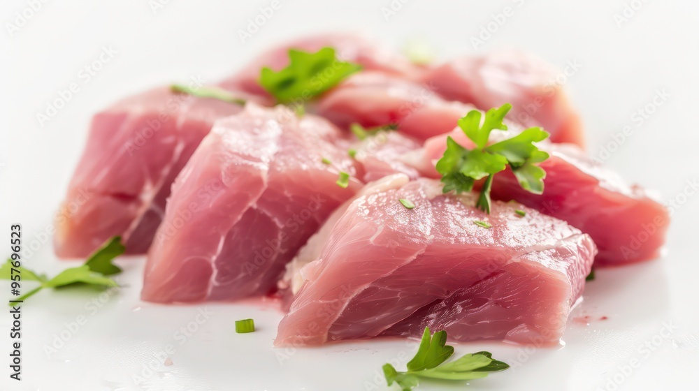 Raw chicken breast fillets arranged on a white background with fresh parsley. Raw chicken breast fillets arranged on a white background with fresh parsley.