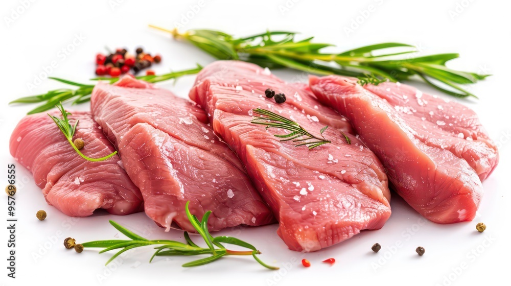 Raw chicken breast fillets seasoned with salt and peppercorns, with rosemary sprigs. Raw chicken breast fillets seasoned with salt and peppercorns, with rosemary sprigs.