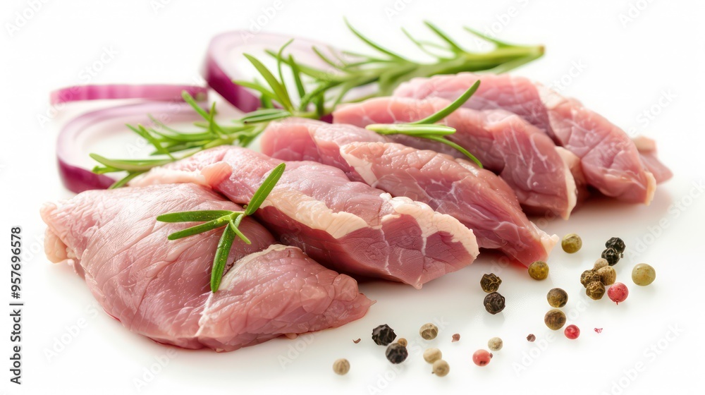 Raw chicken breast fillets arranged on a white background with fresh parsley. Raw chicken breast fillets arranged on a white background with fresh parsley.