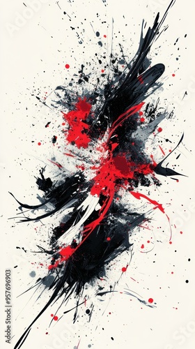 Abstract Splashes of Red and Black Paint on a White Background photo