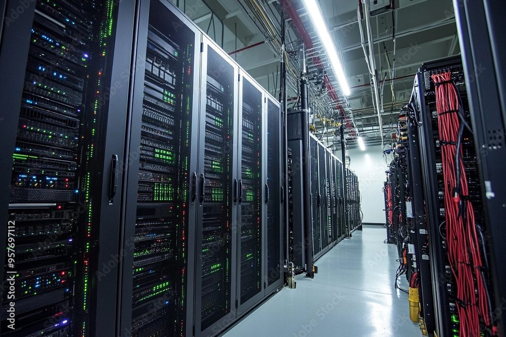 Data center with network hardware and servers Data center with network hardware and servers