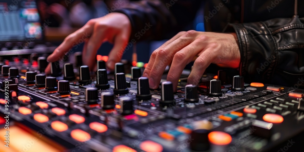 Fototapeta premium DJ mixing console with hands adjusting sliders for perfect sound