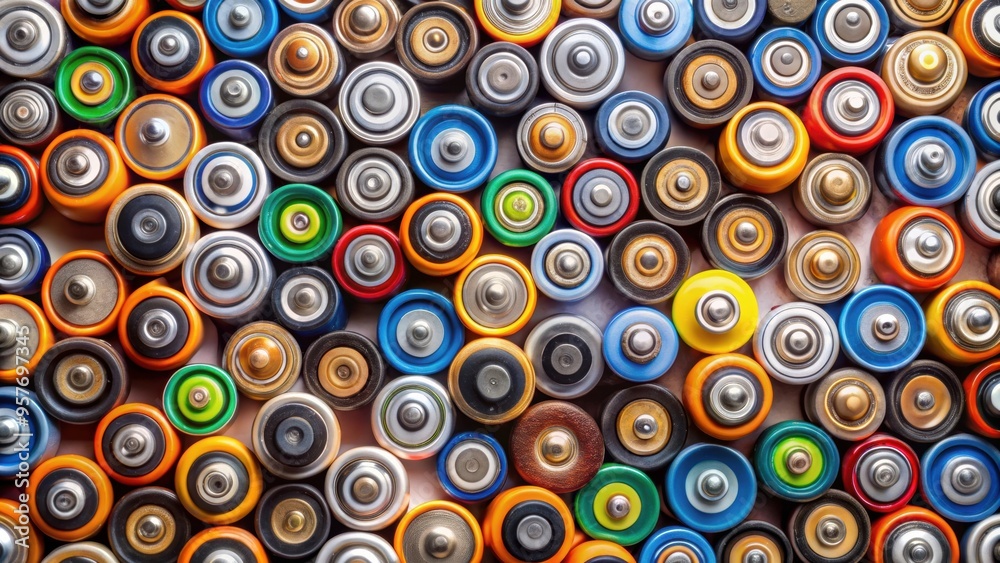Top view of neatly arranged rows of assorted batteries , energy, power, technology, alkaline, rechargeable, lithium Top view of neatly arranged rows of assorted batteries , energy, power, technology, alkaline, rechargeable, lithium