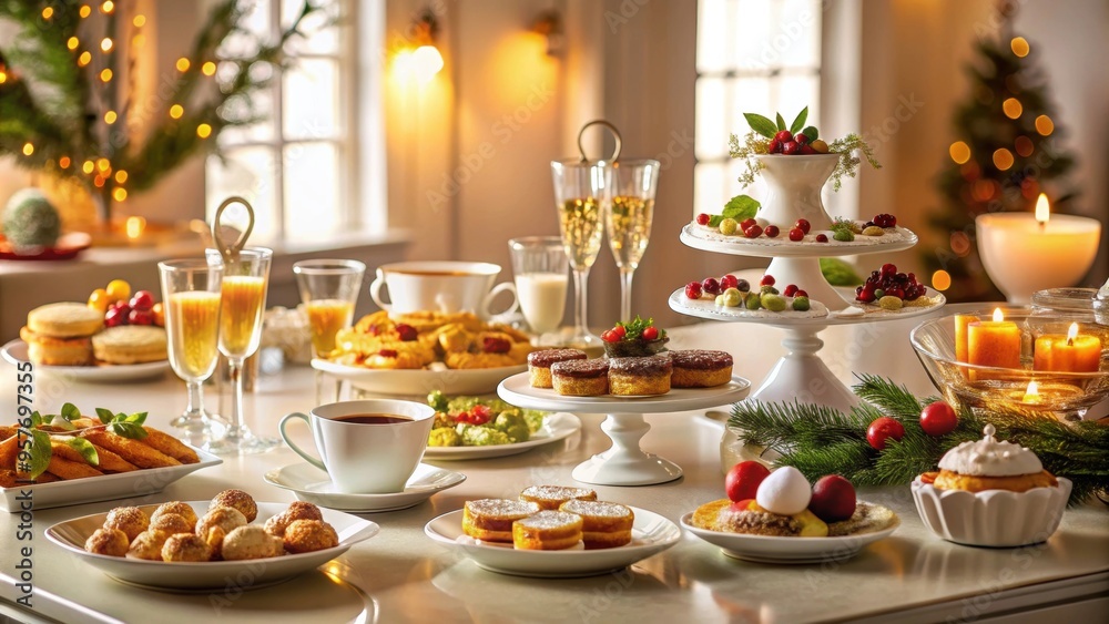 Festive table setting with elegant crockery, snacks, drinks, and desserts , Festive, table setting, elegant, crockery Festive table setting with elegant crockery, snacks, drinks, and desserts , Festive, table setting, elegant, crockery