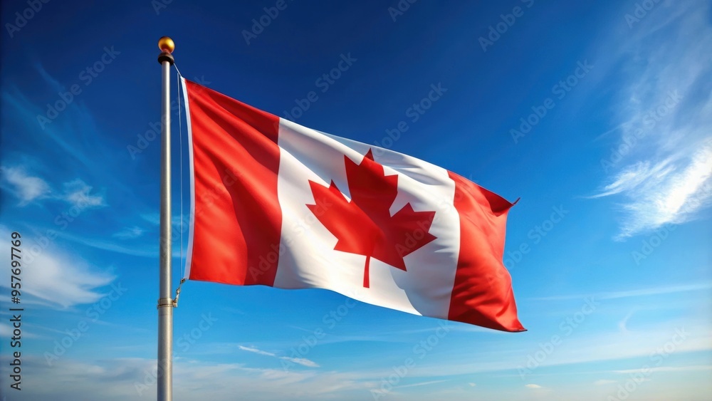Canada flag waving proudly under a clear blue sky , Canada, flag, Canadian, national symbol, maple leaf, red and white, banner Canada flag waving proudly under a clear blue sky , Canada, flag, Canadian, national symbol, maple leaf, red and white, banner