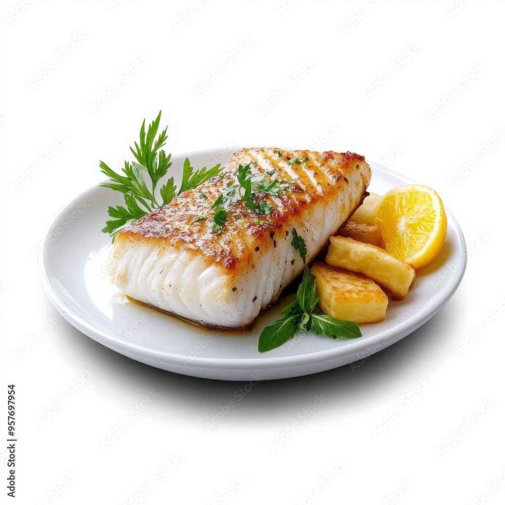 A grilled fish fillet served with lemon slices and fresh herbs, plated on a white background for a clean presentation. A grilled fish fillet served with lemon slices and fresh herbs, plated on a white background for a clean presentation.