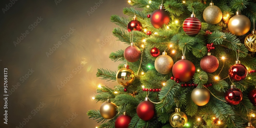 Lush fir tree branches decorated with Christmas elements such as baubles, ribbons, and lights, holiday, festive, winter Lush fir tree branches decorated with Christmas elements such as baubles, ribbons, and lights, holiday, festive, winter