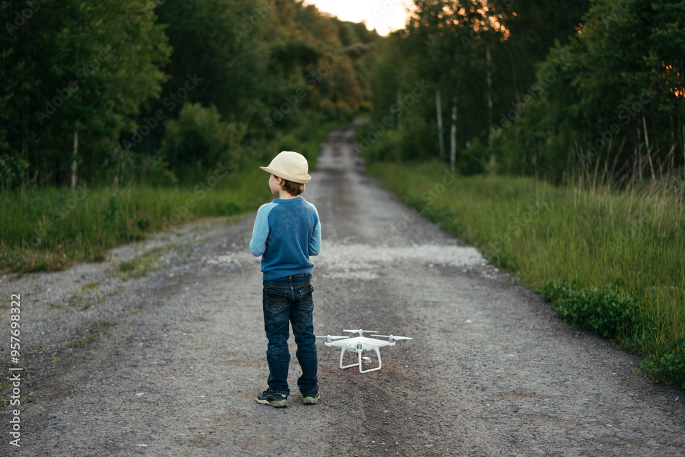 Young Explorer With Drone on Country Pathway Young Explorer With Drone on Country Pathway