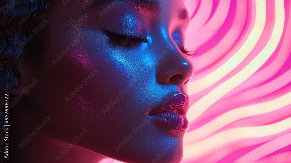Beauty blogger applying blush with a dynamic digital background, swirling neon lights and energetic visuals. Beauty blogger applying blush with a dynamic digital background, swirling neon lights and energetic visuals.
