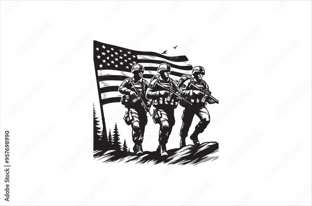 Obraz premium Silhouettes of Army Combat Soldiers, soldiers Vector bundle, Silhouette, Veteran Soldier vector. 