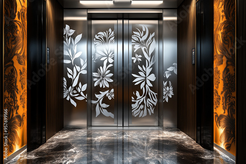 Innovative Design: Clear Elevator Door Decal in a Modern Hotel Setting photo