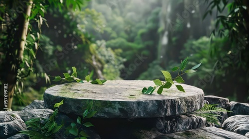 Stone Platform in Lush Jungle with Waterfall in Background.