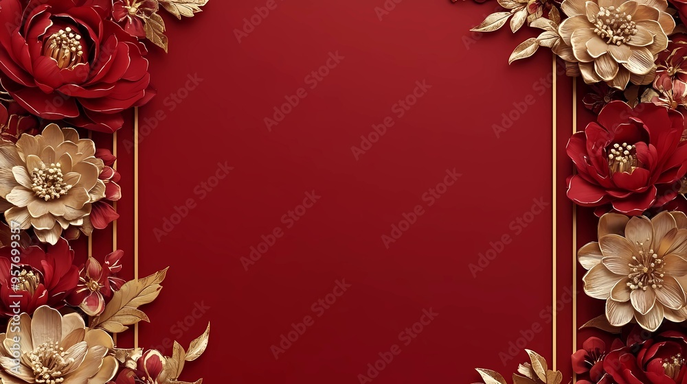 chinese style gold pattern frame, red and shiny gold flowers and leaves color background with copy space chinese style gold pattern frame, red and shiny gold flowers and leaves color background with copy space