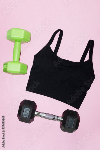 Fitness workout equipment: sports bra, dumbbells and hard direct flash photo