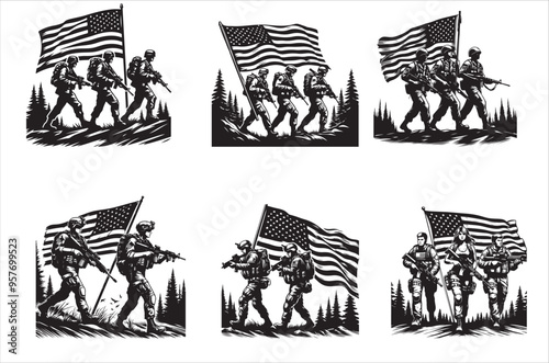 Silhouettes of Army Combat Soldiers, soldiers Vector bundle, Silhouette, Veteran Soldier vector. 