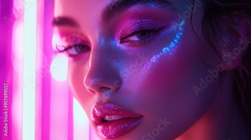 Beauty blogger applying blush with a high-energy digital backdrop, electric colors and lively animations.