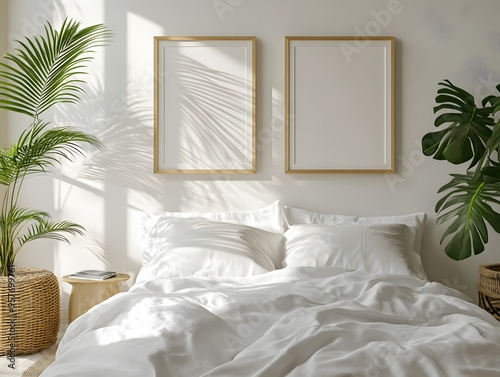 Obraz na płótnie Two blank frames above a bed with white bedding, plants, and sunlight.