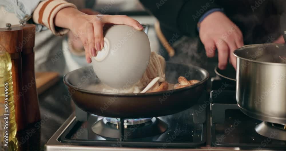 Hands, people and cooking with pan in kitchen for hospitality education, fine dining and nutrition food. Person, chef and meal prep and ingredients for healthy lunch, vegetables and process at house Hands, people and cooking with pan in kitchen for hospitality education, fine dining and nutrition food. Person, chef and meal prep and ingredients for healthy lunch, vegetables and process at house