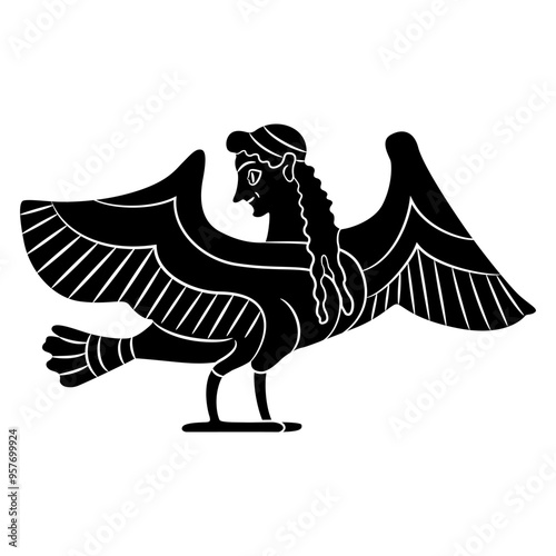 Ancient Greek Siren. Fantastic bird with head of a woman. Mythological creature. Vase painting style. Black and white silhouette.