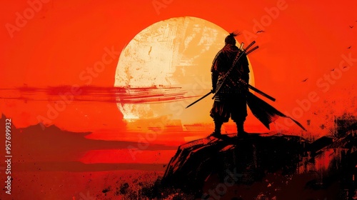 A lone samurai stands on a clifftop, silhouetted against a setting sun, holding two swords. photo