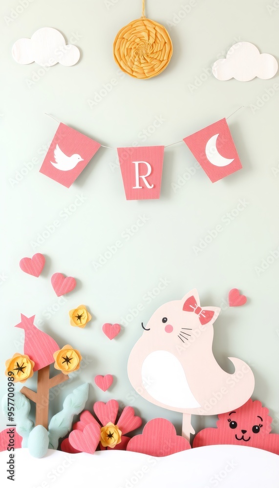 Pink and Yellow Paper Cut-out Animals, Flowers and Clouds on a Green Wall. Pink and Yellow Paper Cut-out Animals, Flowers and Clouds on a Green Wall.