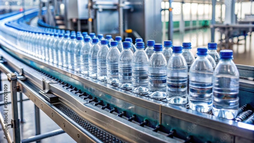 Conveyor belt with plastic bottles of water on production line, manufacturing, industry Conveyor belt with plastic bottles of water on production line, manufacturing, industry