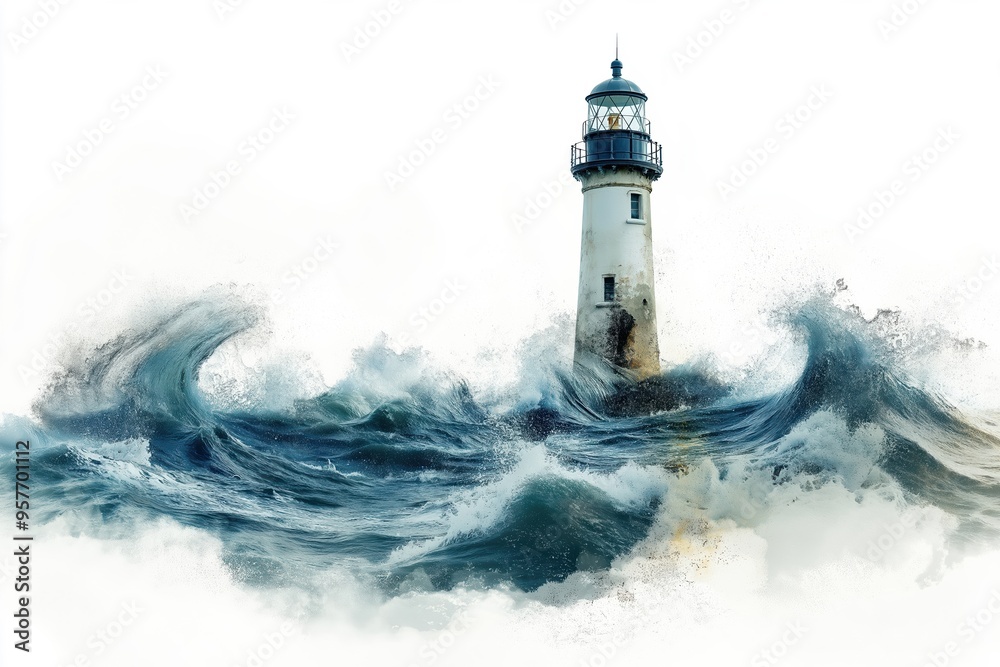 Lighthouse standing strong against the stormy sea waves